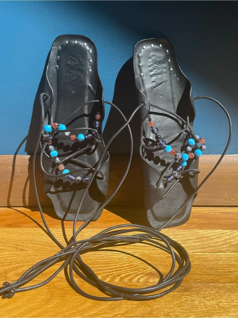 Size 8.5 / 9 Zara Black Leather Beaded Lace-Up Sandals with Turquoise Accents